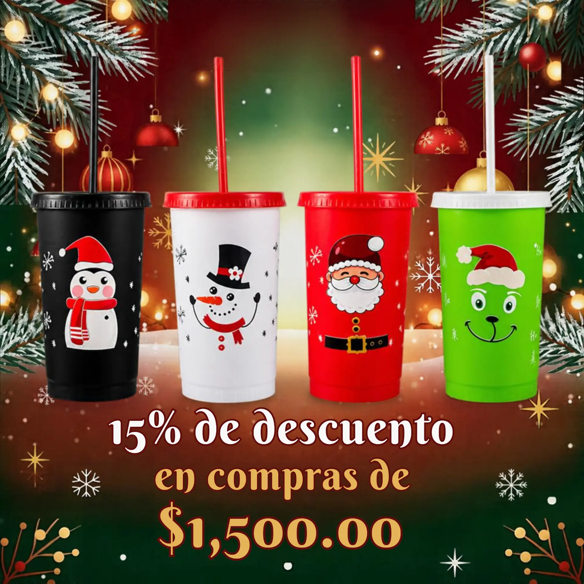 Vasos cafeteros navideños: Pingüino, Mono de Nieve, Santa Claus y Grinch